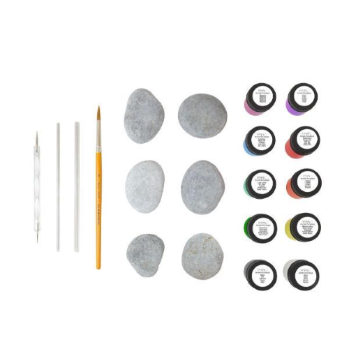 DALER ROWNEY SIMPLY ROCK PAINTING KIT CREATIVO CON 10 COLORI ACRILICI DA 18 ML 1 PENNELLO 1 PENNA DOPPIA PUNTA 2 BASTONCINI PER PUNTEGGIATURA E 6 PIETRE
